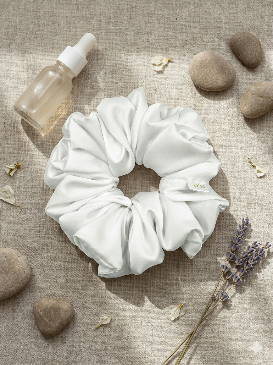 Scrunchie Biała Satyna jedwabna Duża - obrazek 3