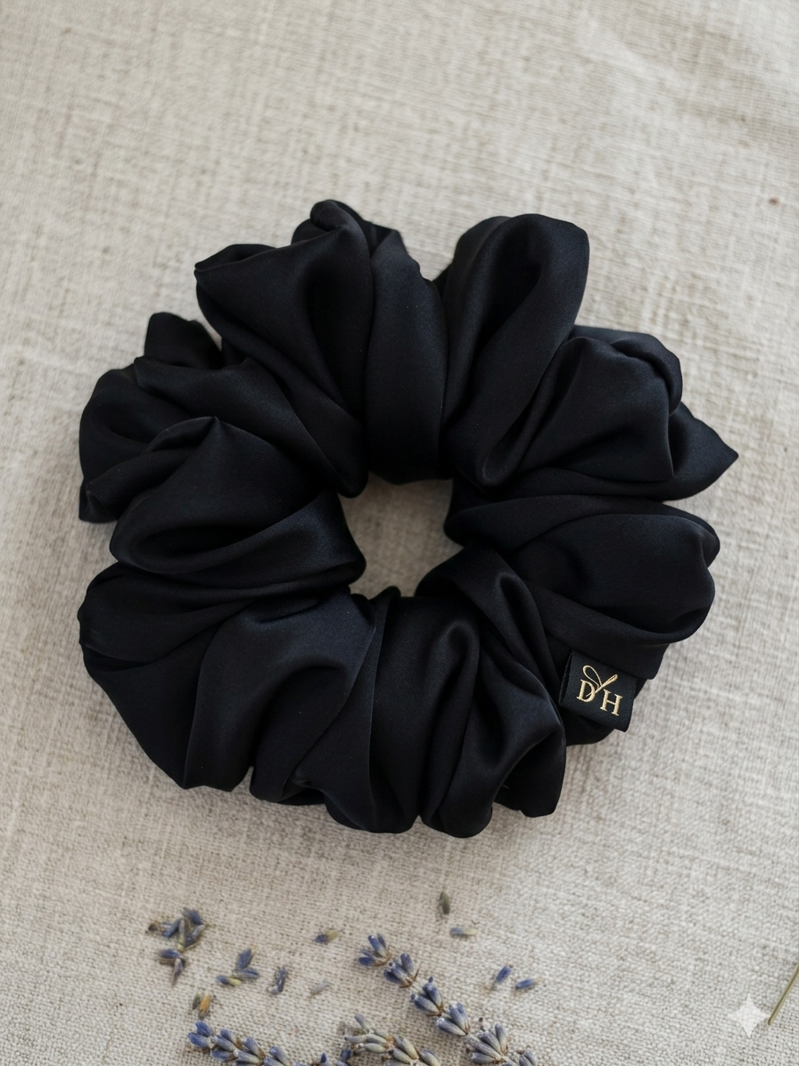 Scrunchie Czarna Satyna jedwabna Duża - obrazek 4