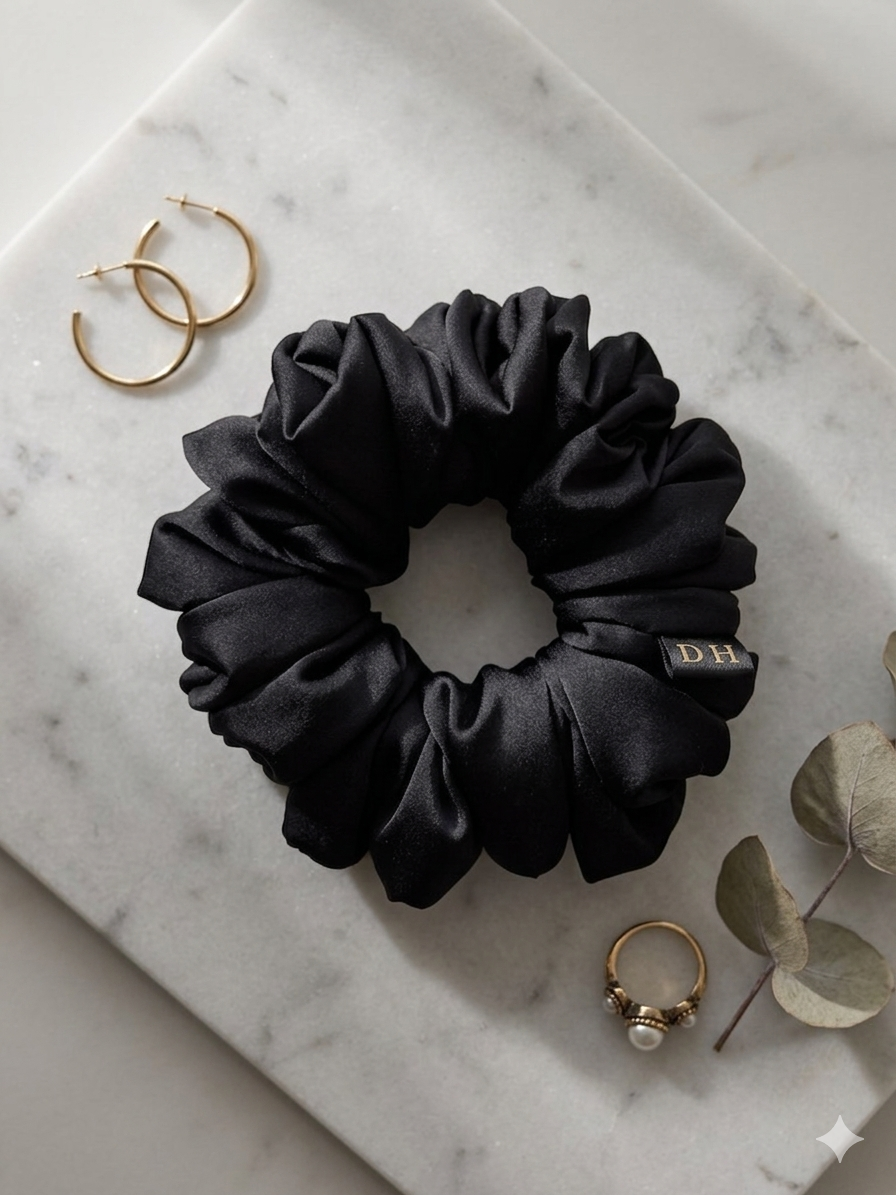 Scrunchie Czarna Satyna jedwabna Standard - obrazek 3