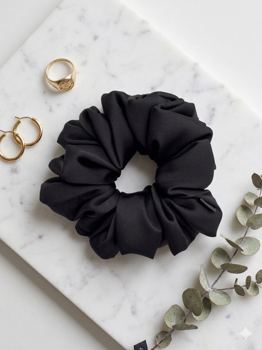 Scrunchie Czarna Satyna jedwabna Duża - obrazek 2