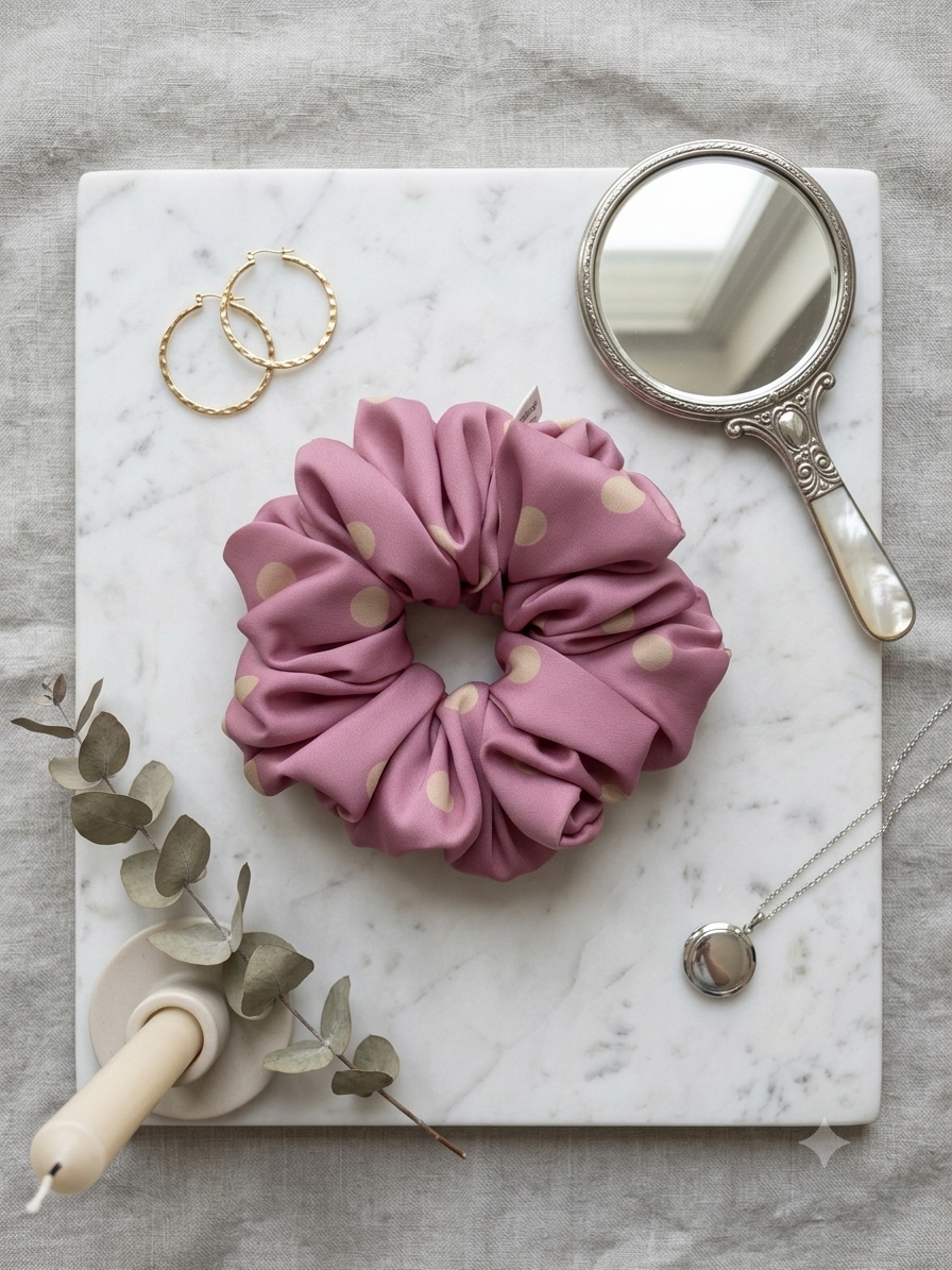 Scrunchie Róż w Żółte Kropki- Duża - obrazek 2