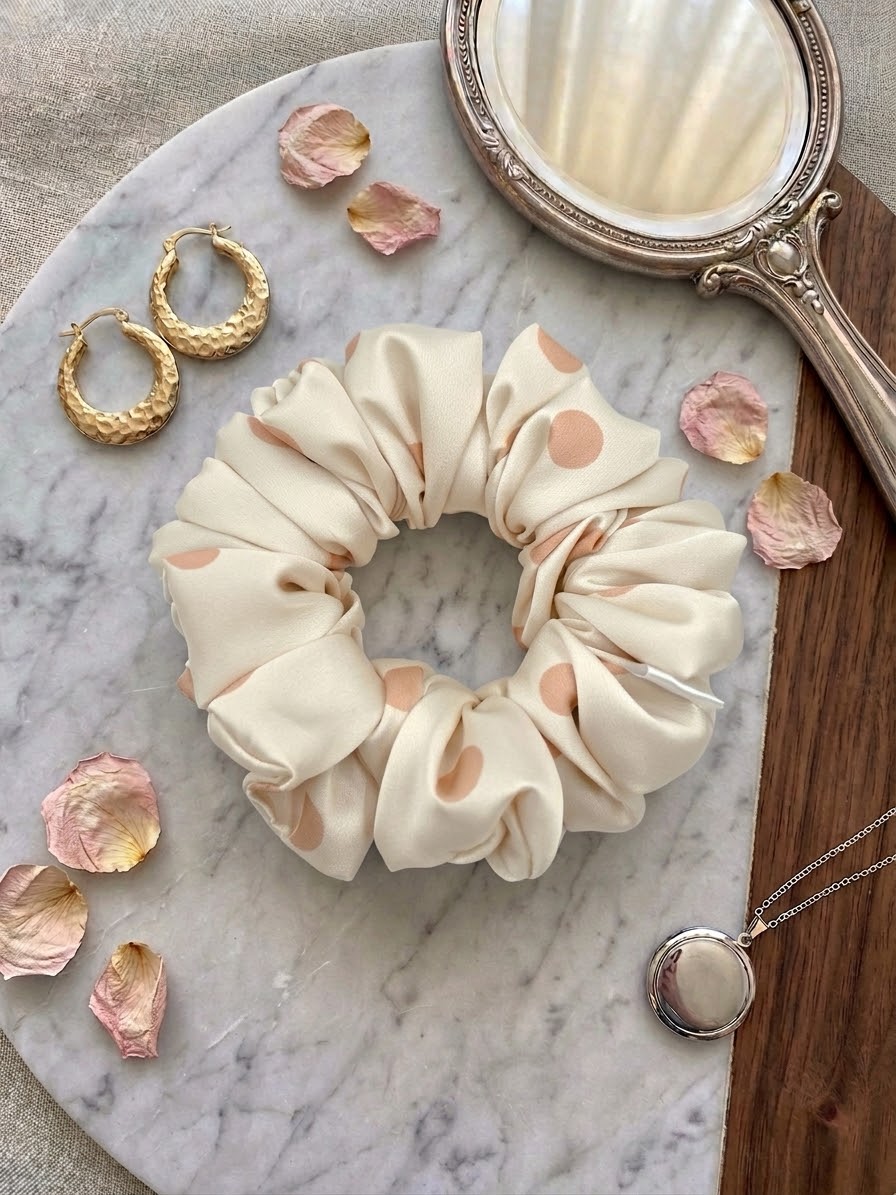 Scrunchie Ecru w Beżowe kropki- Standard - obrazek 2
