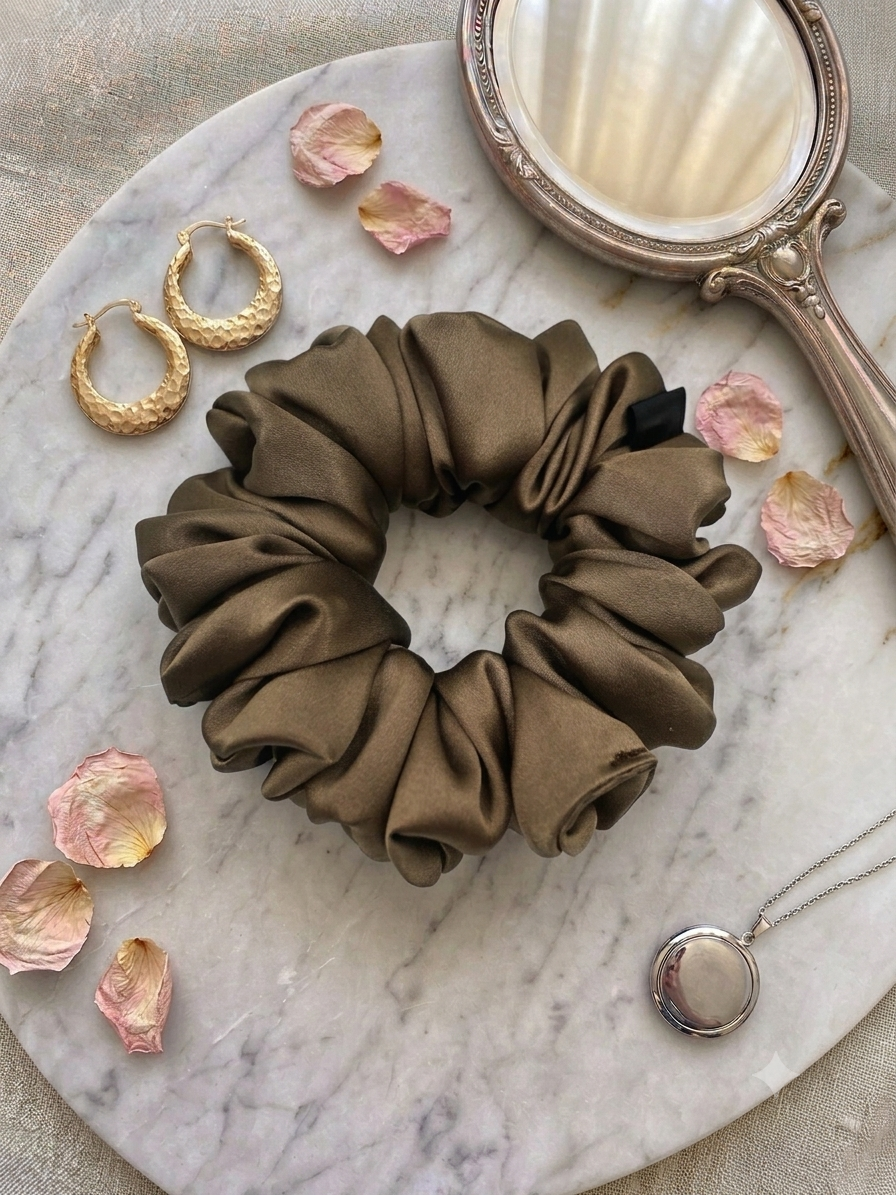 Scrunchie Ciemny Beż Jedwab Standard - obrazek 2