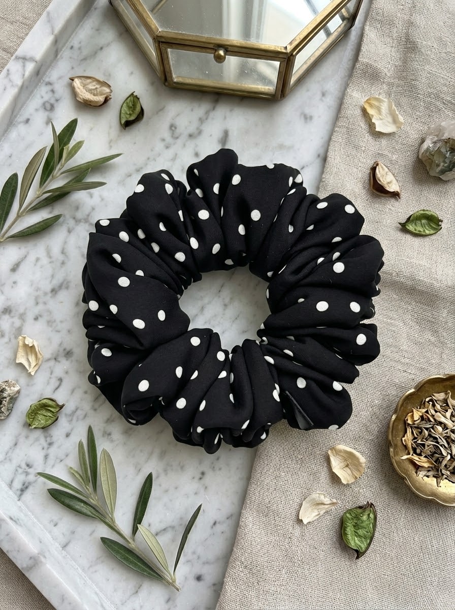 Scrunchie Czarna w Białe Kropki Jedwab- Standard - obrazek 2