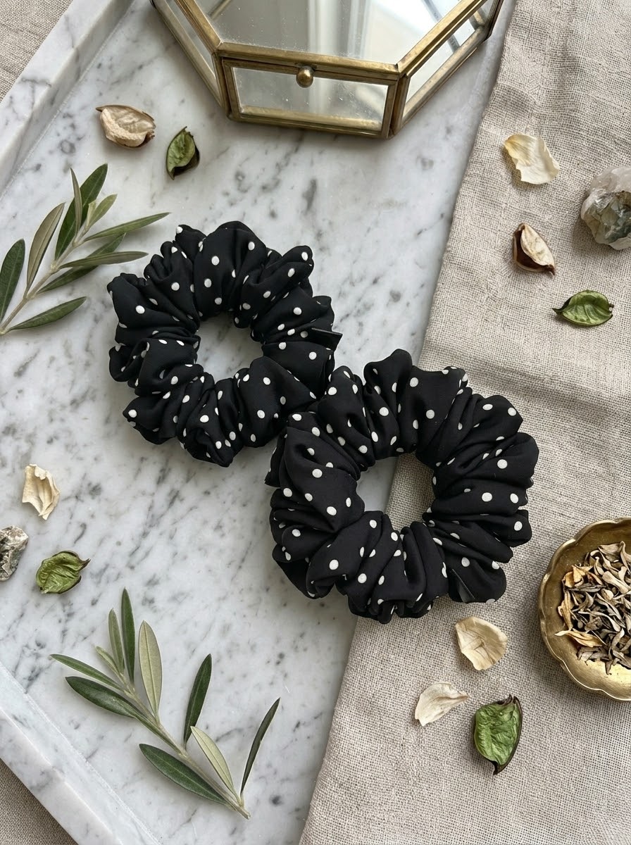 Scrunchie Czarna w Białe Kropki Jedwab- Standard - obrazek 4